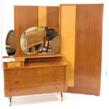 A mid century teak two tone 'Dependable' bedroom suite, having curled mahogany formica veneers,