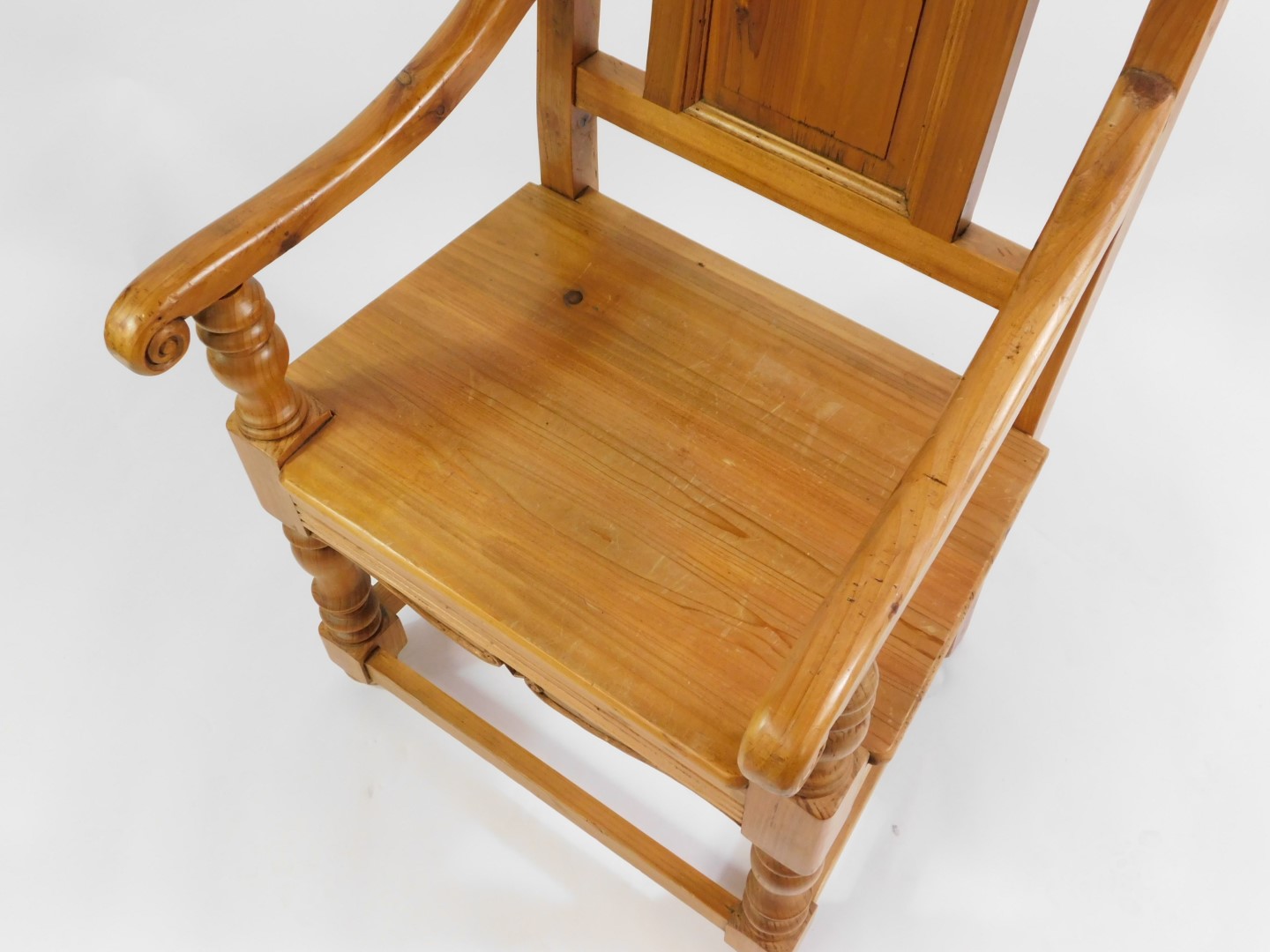 A pine carver chair, with fan and foliate carved crest rail, rectangular panelled back, solid - Image 3 of 4
