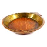 A Continental soft wood and brass circular single handled bowl, 36.5cm diameter.