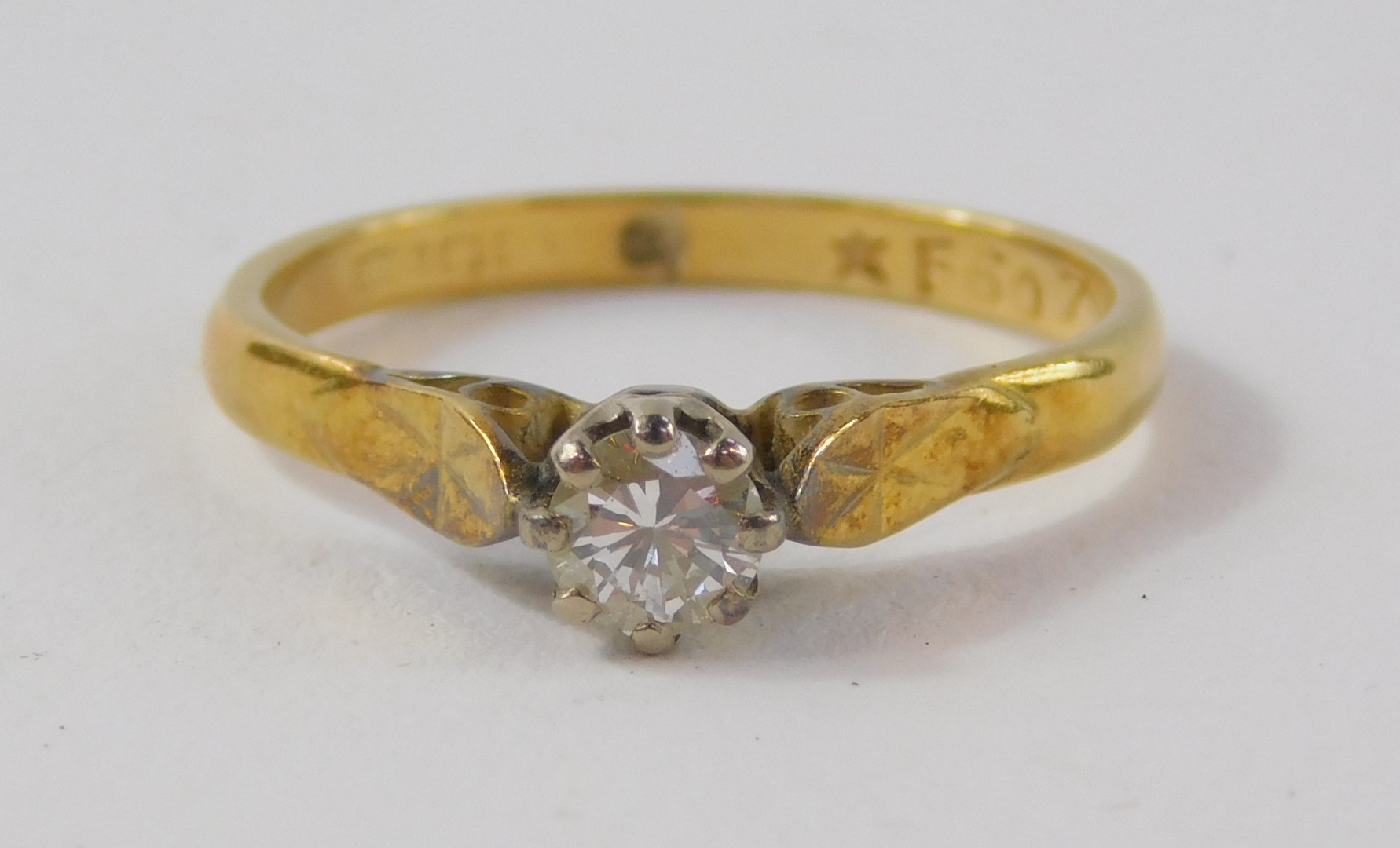 An 18ct gold and diamond solitaire ring, high claw set, approx 1/4ct, size K, 2.1g, - Image 2 of 2