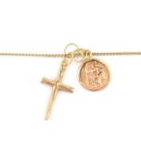 A 9ct gold cross on chain, with a St Christopher pendant, 5.1g.
