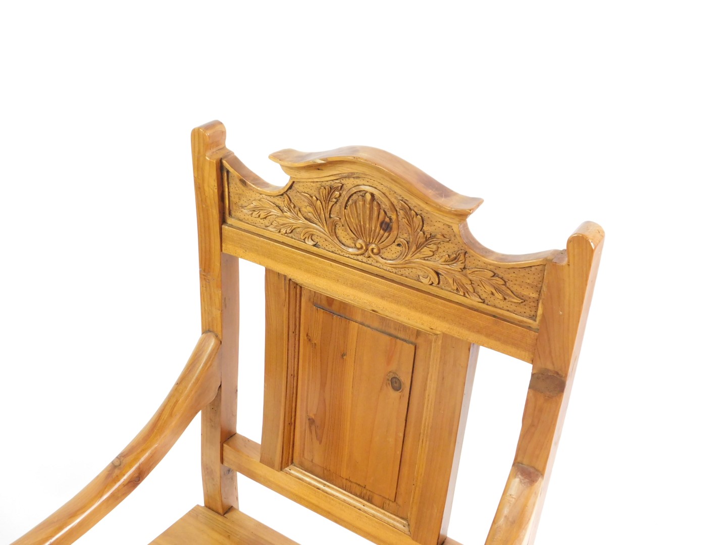 A pine carver chair, with fan and foliate carved crest rail, rectangular panelled back, solid - Image 2 of 4