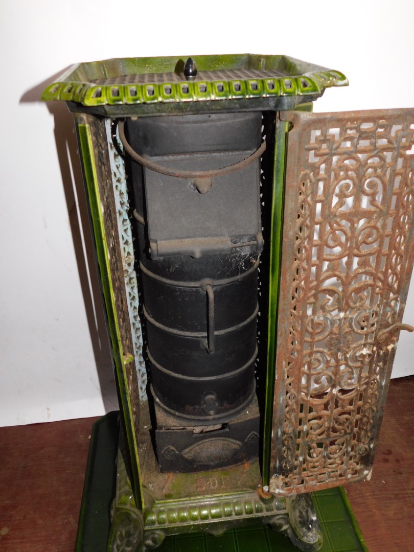 A French early 20thC cast iron and enamel conservatory heater, of canted square form, with pierced - Image 5 of 5