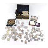 Coins and bank notes, including Third Reich, Ten Pfennig, Five Pfennig, and One Pfennig coins,