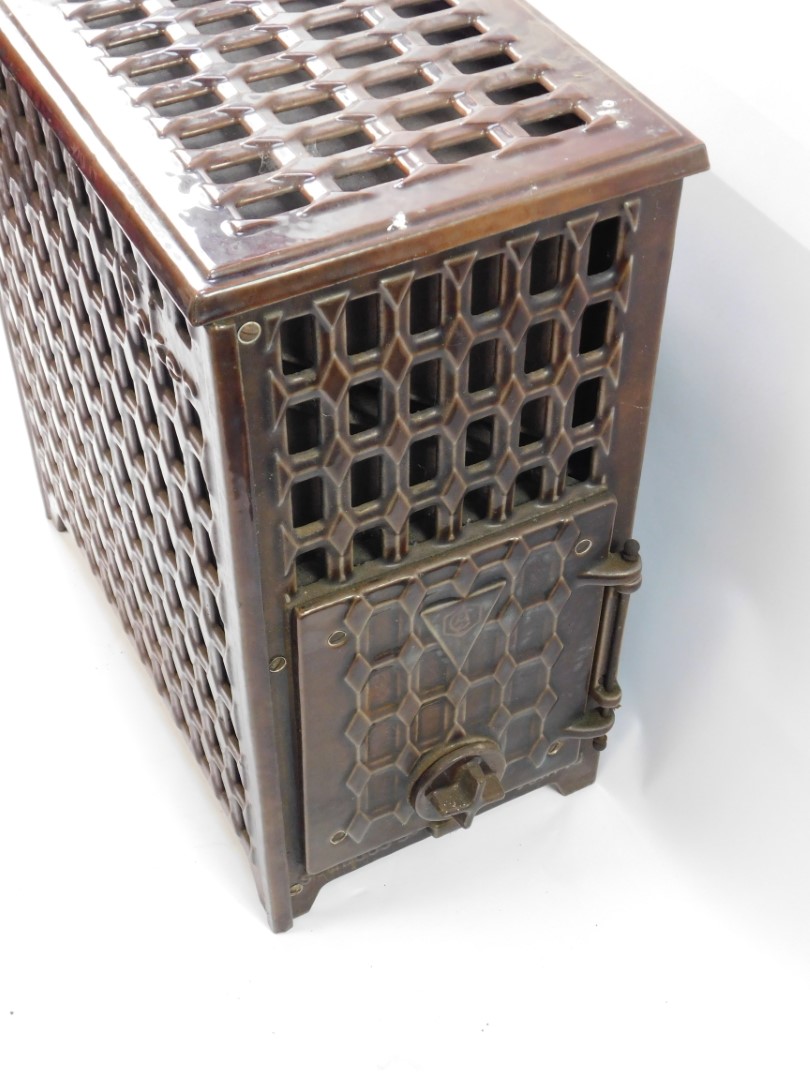 A French 1930's Poker brown enamel wood burning stove, 56cm high, 50.5cm wide, 29cm deep. - Image 2 of 4