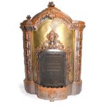 A French late 19thC cast iron and sheet metal fire by L Camus, of serpentine architectural form,