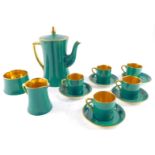 A Carlton ware early 20thC green and gilt coffee service, comprising coffee pot, cream jug and sugar