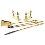Victorian and brass spiral twist fire irons, comprising a poker, shovel and pair of coal tongs,