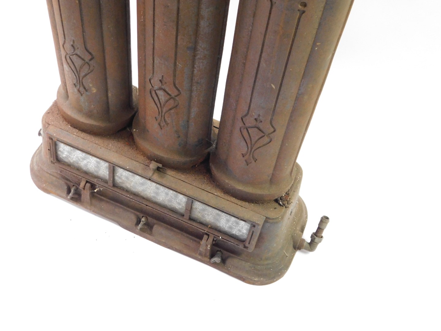 A Victorian cast iron oil and gas radiator, of three column form, above a glass paneled drop - Image 3 of 4