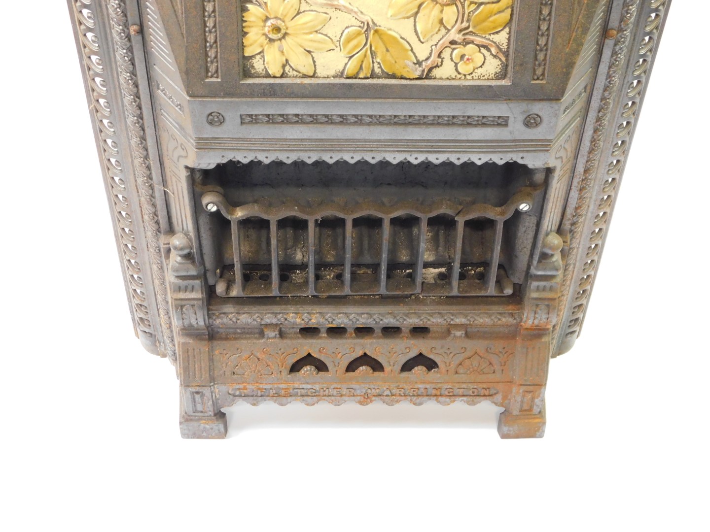 A Victorian cast iron and enamel gas heater by T Fletcher of Warrington, cast with leaves, the - Image 2 of 4