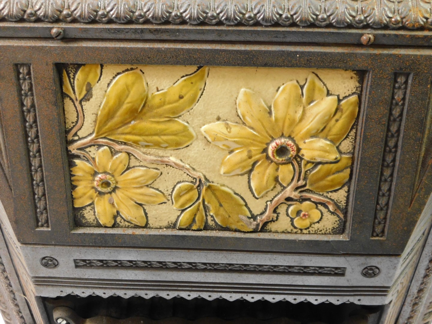 A Victorian cast iron and enamel gas heater by T Fletcher of Warrington, cast with leaves, the - Image 3 of 4