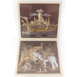 A pair of Thai temple rubbing pictures on fabric, comprising warriors on elephants, in combat, and a