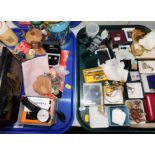Costume jewellery and coins, including wristwatches, rosary, earrings and bangles, etc. (2 trays)