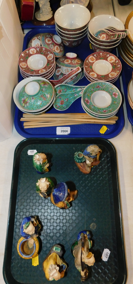 Chinese 20thC porcelain rice bowls, covers and spoons, bamboo chopsticks, together with Chinese