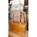 A pine toy chest, 45cm high, 80cm wide, 39cm deep, together with an Edwardian bedroom chair, (2)