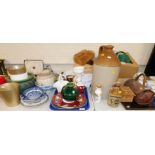 Ceramics including Cantagalli plates, a Chinese ginger jar and cover and a stoneware flagon,