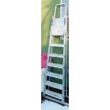 An aluminium step ladder with handrails.