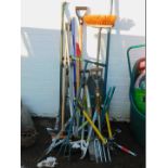 Garden hand tools, including spades, forks, rake, brushes, etc. (a quantity)