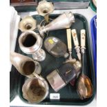 Plated wares, including a pair of plate and pottery salad servers, cake slice, spirit flasks,