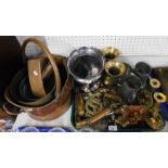 Copper and brass ware, including a WMF brass ash tray, shell cases, Indian vases and horse
