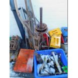A small assortment of garden tools, automotive tools, plastic ramps, steel box, etc. (a quantity)