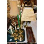 A copper kettle, brass jam pans, table lamps (AF), candlesticks, mesh fire guard, etc. (1 tray