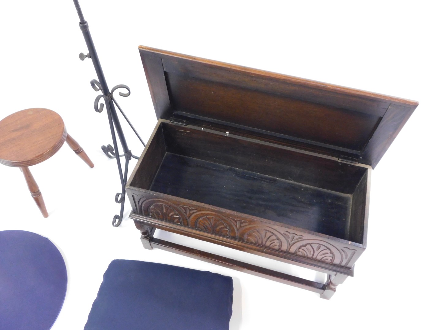 A dark oak reproduction bible box, 41cm high, 67cm wide, 30cm deep, a mahogany stool, 30cm high, - Image 2 of 3