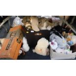 A Rosebud doll, girl in taffeta and velvet dress, boxed, together with teddies and soft toys. (2