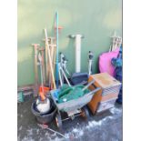 Garden hand tools, gas heater, seed spreader, etc. (a quantity)