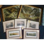 Two prints after Samuel Howitt of pheasant shooting and hare shooting, three Victorian engravings of