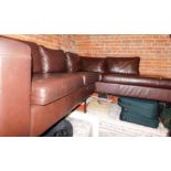 A brown leather corner sofa, 202cm x 250cm.