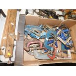Assorted metal clamps and two sash clamps. (1 box plus)