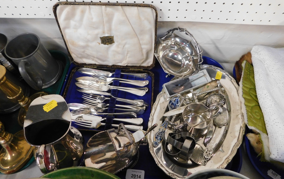Plated wares, oval dish, a basket, jug, sugar scuttle, fish knives and forks, knife rests, etc. (1