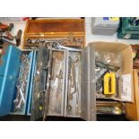 A socket set, mixed spanners, cable and pipe finder and two toolboxes containing assorted tools. (