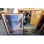 A rectangular wall mirror, in a floral printed frame, steel picture of HMS Victory, and a print of