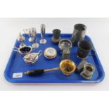 Silver plate and pewter wares, including a Mappin & Webb three piece condiment set, Plato three