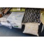 A pair of Dunhelm Windsor pencil pleat curtains, leg pillow, bedding bags, scatter cushions, face