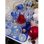 Cut table glassware, glass fruit bowl, tazze, Dartington candle holder, ruby glass vases, etc. (2