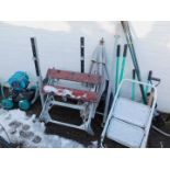 A weights bench, steps, tools, parasol, hose reel, etc. (a quantity)