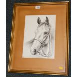 A black and white print, by Pollyanna Pickering, of a front portrait of a horse, framed and glazed.