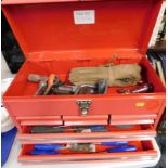 A red metal tool chest, containing a Stanley plane, drill, chisels, Stanley knife, etc.