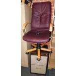 A purple leatherette office chair, together with a two drawer filing cabinet, 71cm high, 46cm