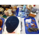 A Just Togs riding hat, horse racing prints, onyx ashtrays, ceramic and other figures of cattle, owl