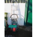 Two step ladders, folding trolley, and 2 folding kneelers. (5)