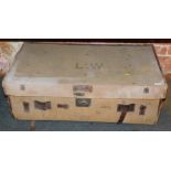 A green canvas and leather bound trunk, initialled L W, 31cm high, 92cm wide, 53cm deep. (AF)