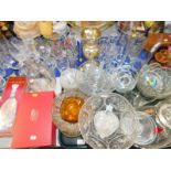 Table glass ware, silver resist vase, pedestal fruit bowls, trifle and sundae dishes, Metaxa