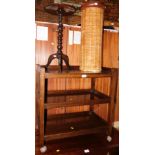 An oak tea trolley, oak wine table, coffee table and a wicker stand. (4)