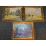 Two gilt framed golfing prints and a print of Flatford Mill, after John Constable (3)