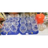 Six Tudor cut glass brandy balloons, mixed Champagne cups, cut glass decanter and a Royal Brierley