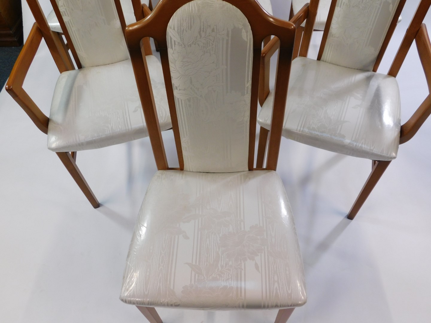 A set of six Caxton beech dining chairs, upholstered in cream floral damask, including two carvers. - Image 2 of 3